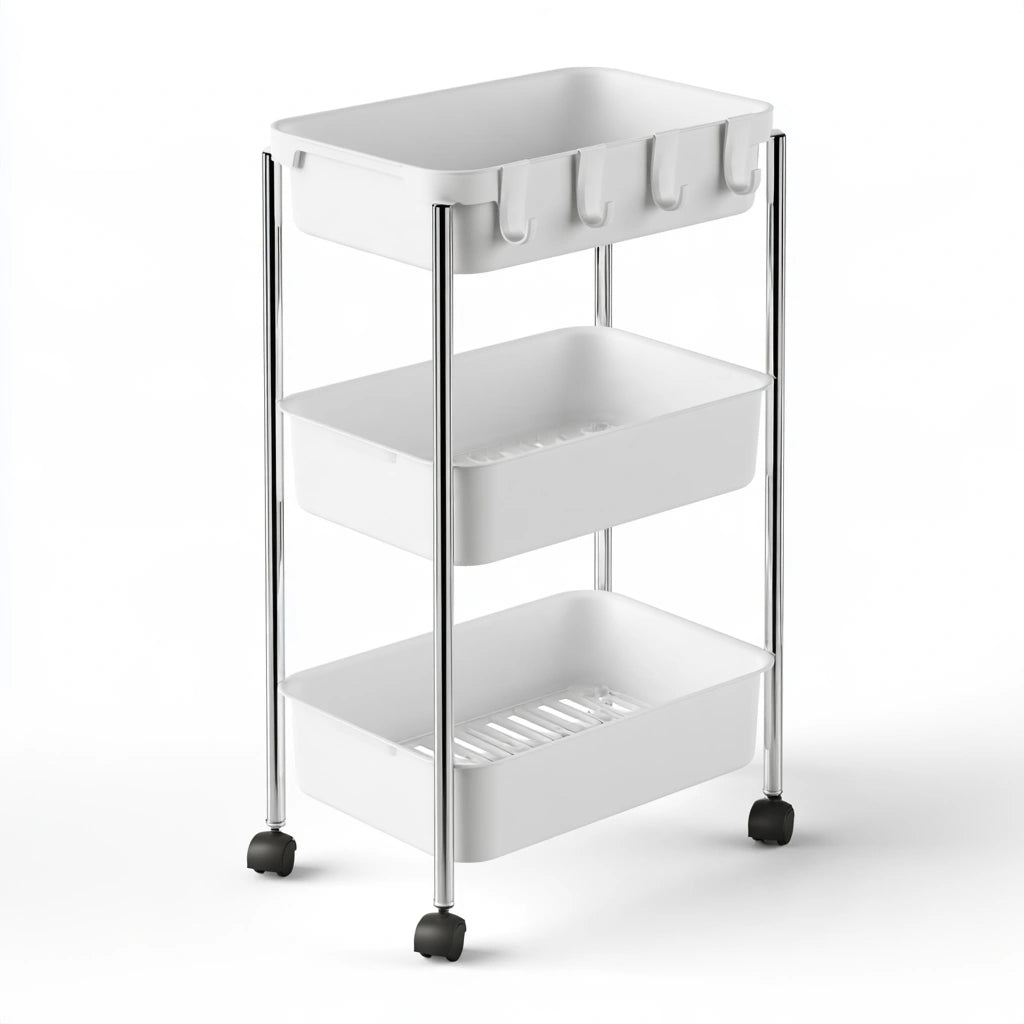 Chariot de rangement étroit aux lignes épurées sur roulettes à trois niveaux, coloris blanc