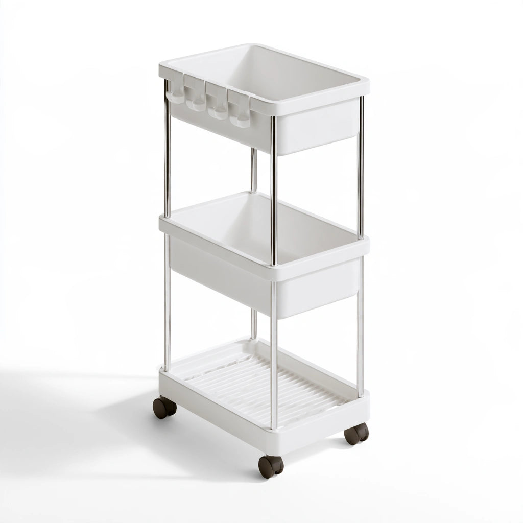 Chariot de rangement étroit aux lignes épurées sur roulettes à trois niveaux, coloris blanc