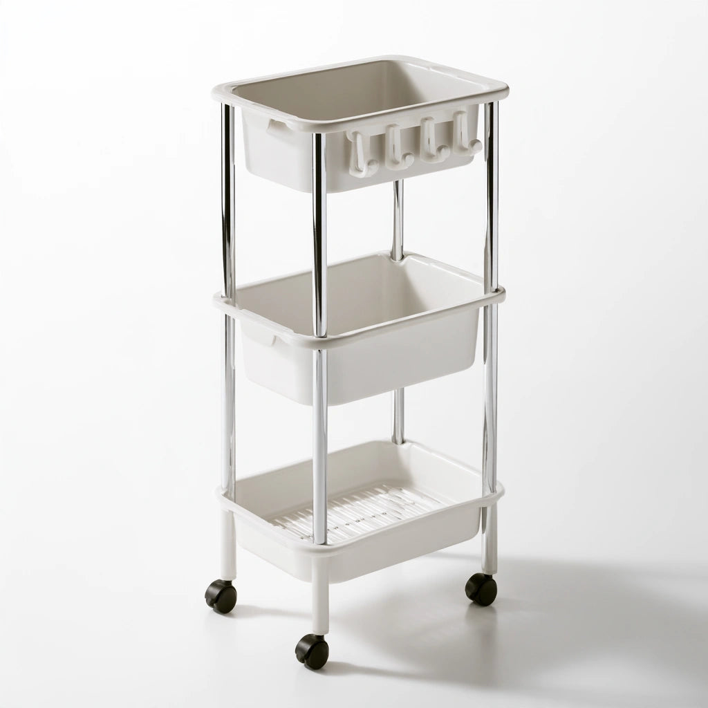 Chariot de rangement étroit aux lignes épurées sur roulettes à trois niveaux, coloris blanc