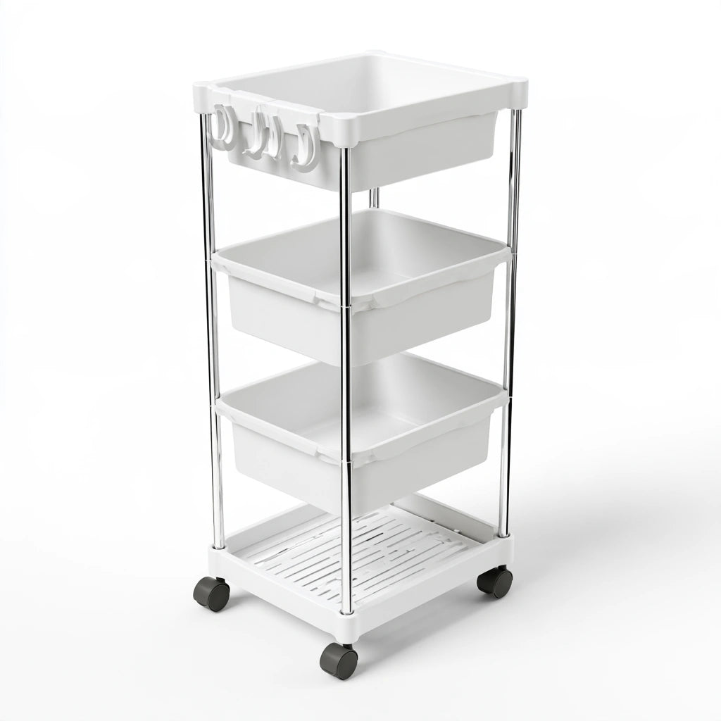Chariot de rangement étroit aux lignes épurées sur roulettes à trois niveaux, coloris blanc