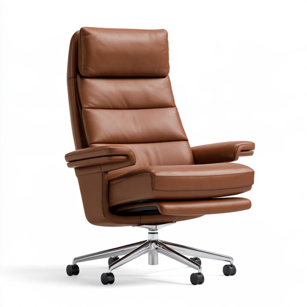 Fauteuil de bureau direction en cuir à dossier haut, coloris brun